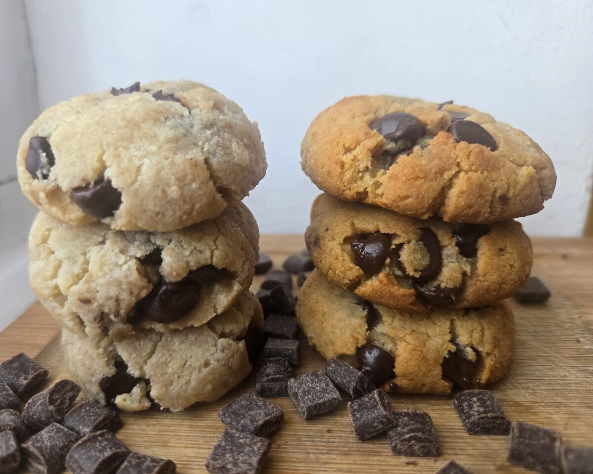 Two batches of the same cookie recipe side by side. The stevia-blend batch is pale. The hush batch is golden.